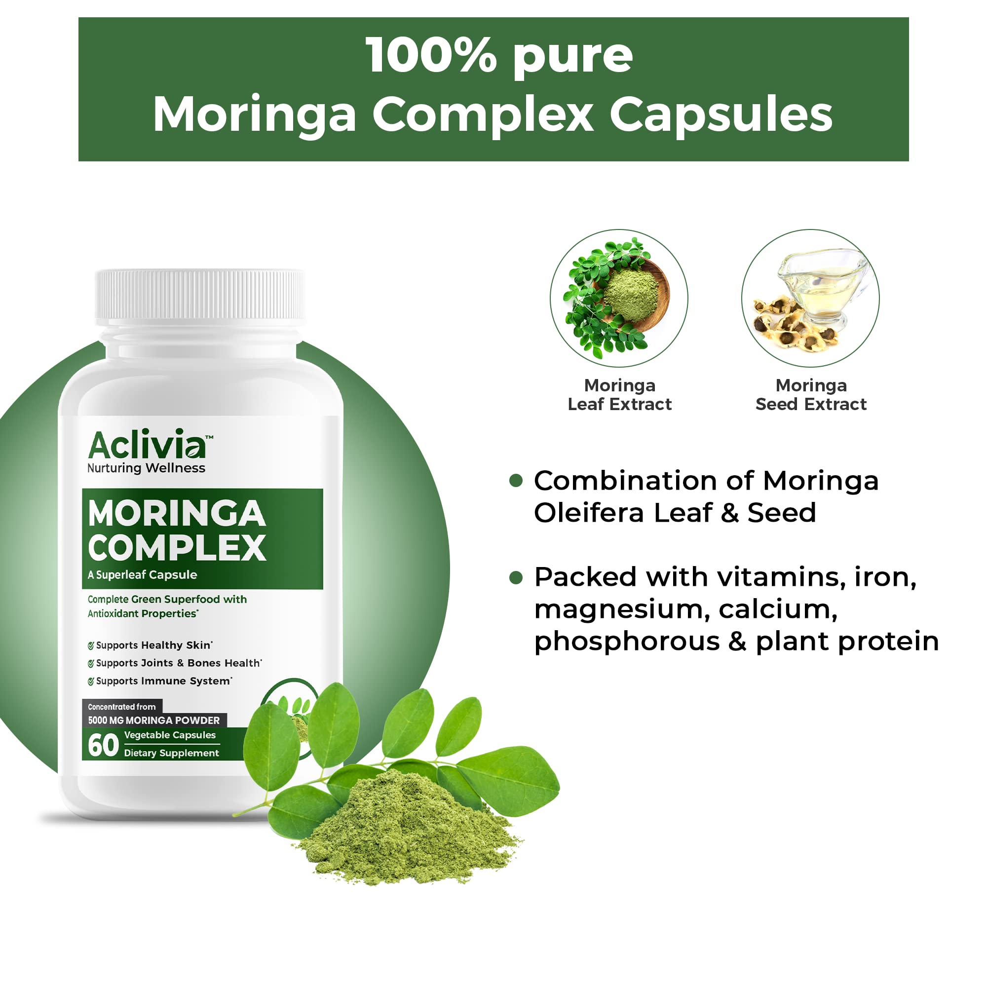Aclivia - Moringa Complex - Maximum Strength Moringa Oleifera Leaf & Seed Supplement - Superfood Capsules with Antioxidant Properties - 5000mg - 60 Capsules - TrustMedUSA