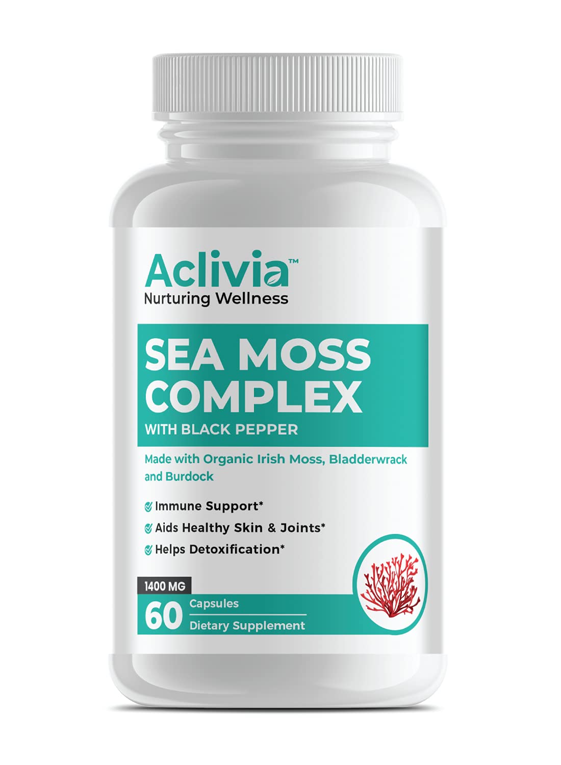 Aclivia - Organic Irish Sea Moss Capsules with Bladderwrack & Burdock Root - 102 Minerals Sea Moss Supplement - Thyroid Support, Immune Boost - Non-GMO (60 Count) - TrustMedUSA