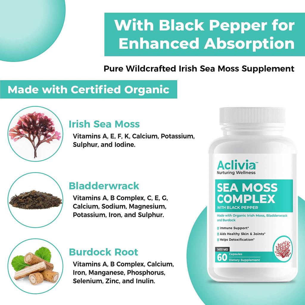 Aclivia - Organic Irish Sea Moss Capsules with Bladderwrack & Burdock Root - 102 Minerals Sea Moss Supplement - Thyroid Support, Immune Boost - Non-GMO (60 Count) - TrustMedUSA