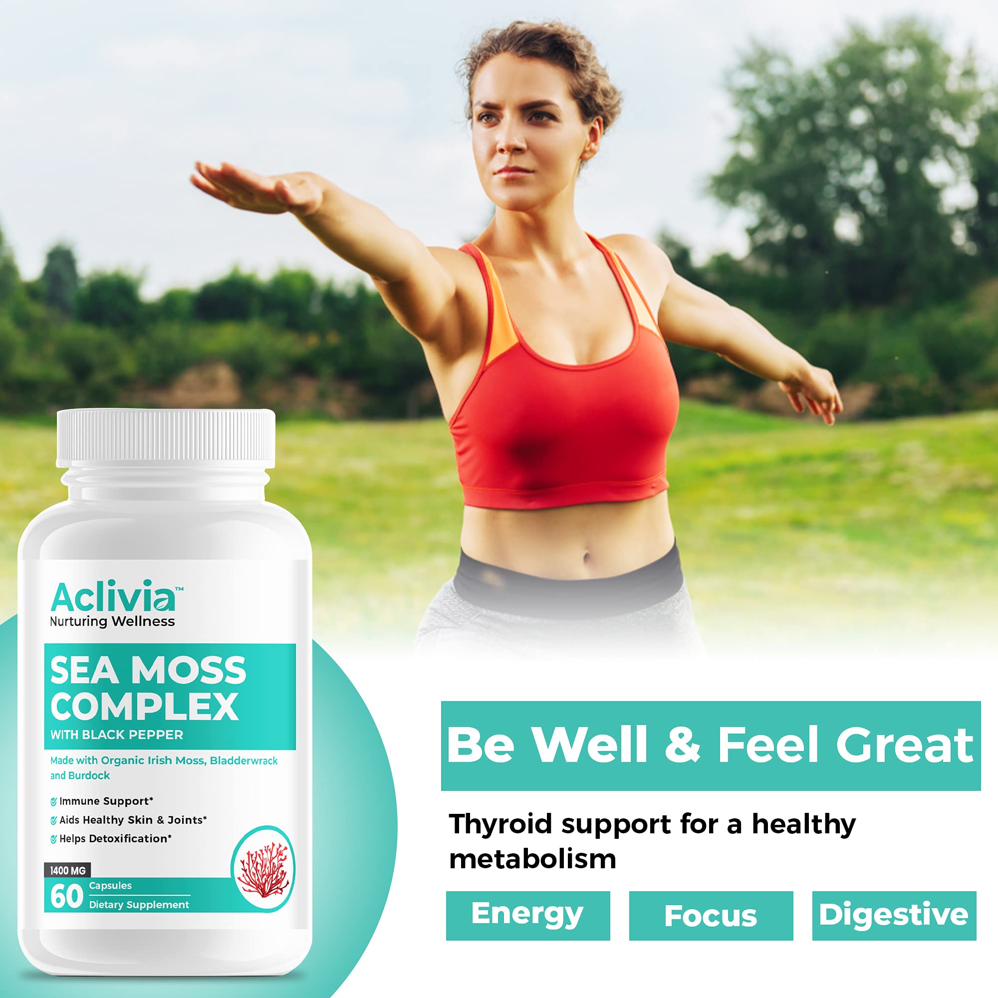 Aclivia - Organic Irish Sea Moss Capsules with Bladderwrack & Burdock Root - 102 Minerals Sea Moss Supplement - Thyroid Support, Immune Boost - Non-GMO (60 Count) - TrustMedUSA
