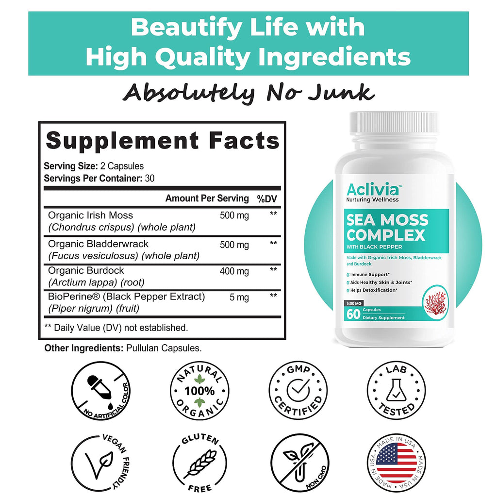 Aclivia - Organic Irish Sea Moss Capsules with Bladderwrack & Burdock Root - 102 Minerals Sea Moss Supplement - Thyroid Support, Immune Boost - Non-GMO (60 Count) - TrustMedUSA