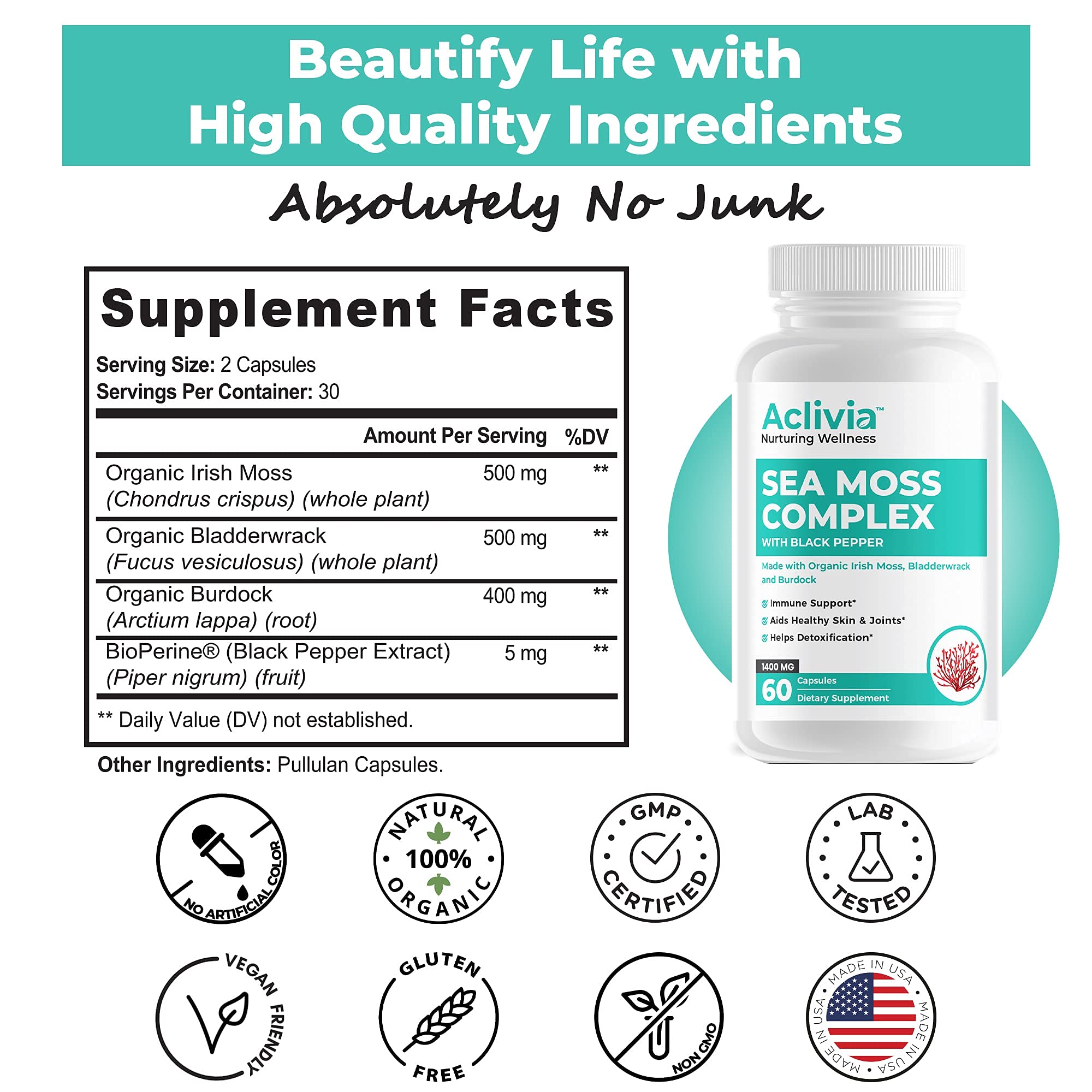 Aclivia - Organic Irish Sea Moss Capsules with Bladderwrack & Burdock Root - 102 Minerals Sea Moss Supplement - Thyroid Support, Immune Boost - Non-GMO (60 Count) - TrustMedUSA