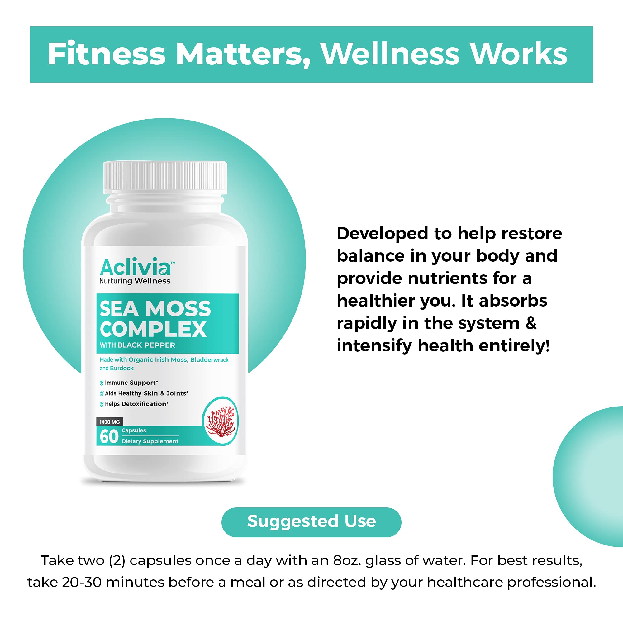 Aclivia - Organic Irish Sea Moss Capsules with Bladderwrack & Burdock Root - 102 Minerals Sea Moss Supplement - Thyroid Support, Immune Boost - Non-GMO (60 Count) - TrustMedUSA