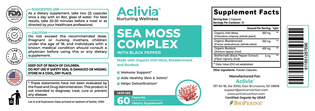 Aclivia - Organic Irish Sea Moss Capsules with Bladderwrack & Burdock Root - 102 Minerals Sea Moss Supplement - Thyroid Support, Immune Boost - Non-GMO (60 Count) - TrustMedUSA
