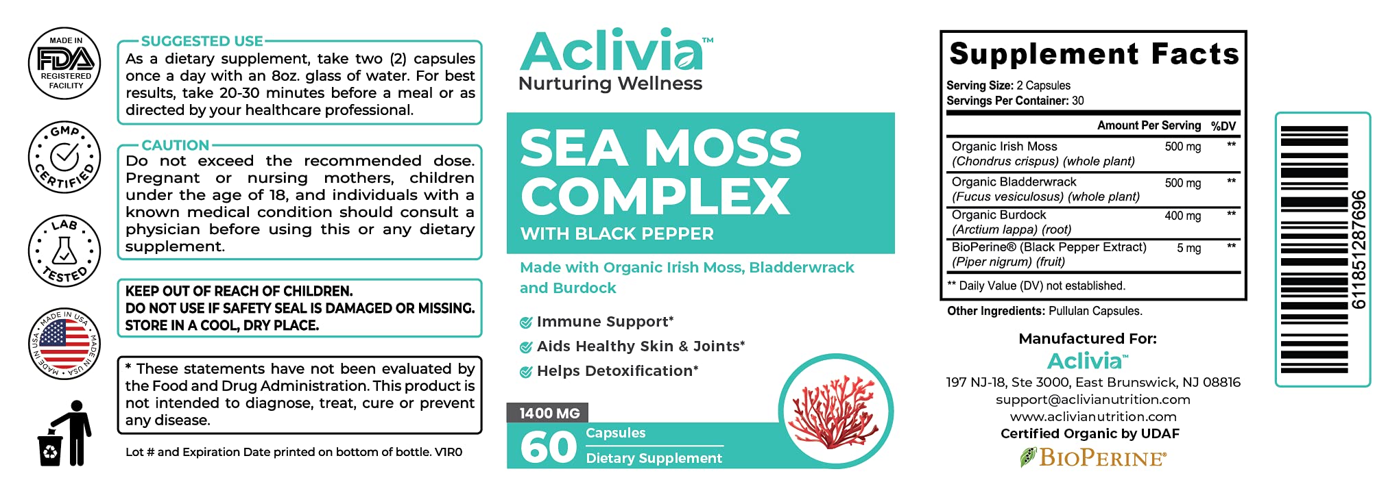 Aclivia - Organic Irish Sea Moss Capsules with Bladderwrack & Burdock Root - 102 Minerals Sea Moss Supplement - Thyroid Support, Immune Boost - Non-GMO (60 Count) - TrustMedUSA