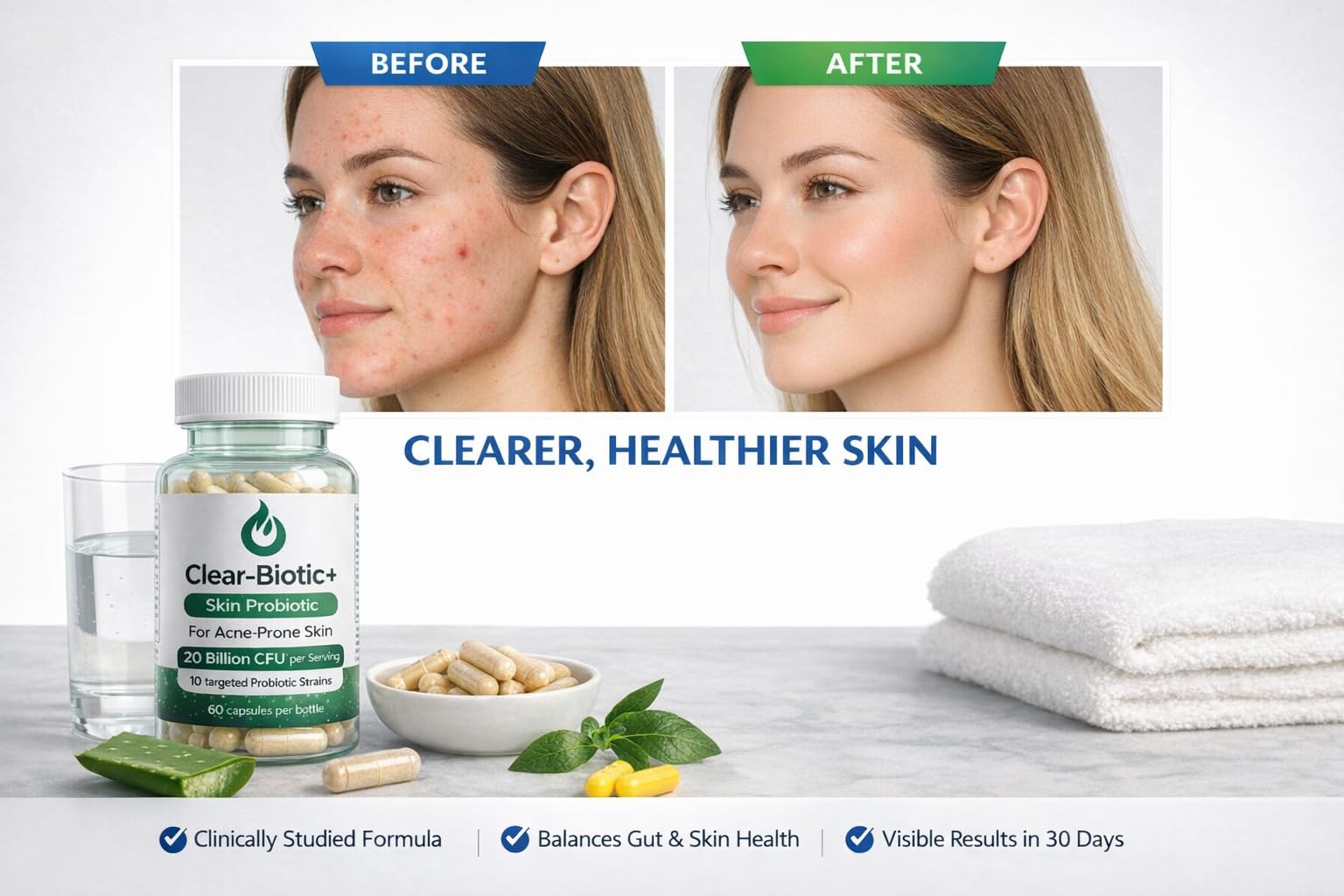 Acne Pills Probiotic Acne Supplements for Teens & Adults - Hormonal Acne Vitamins, Gut Health for Clear Skin, Non-GMO (60 Capsules) Gut Skin Axis - TrustMedUSA