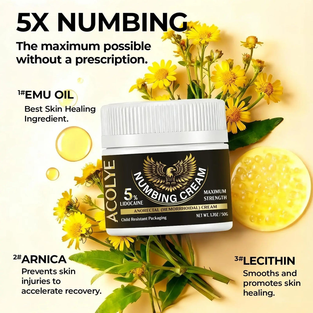 Acolye Numbing Cream Extra Strength: 5% Lidocaine Local Anesthetic- Long Lasting Extra Relief with Menthol Arnica and Emu Oil - Hemorrhoid Cream - TrustMedUSA
