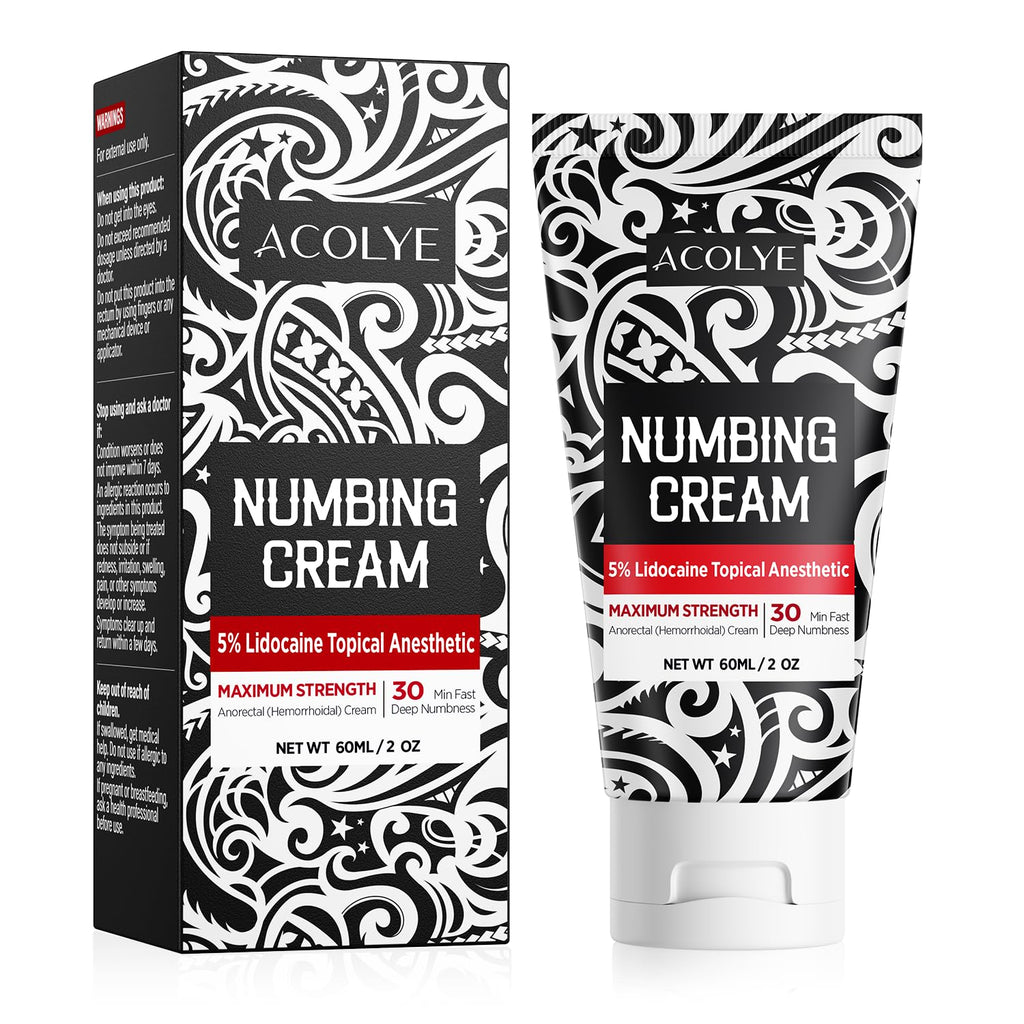 Acolye Numbing Cream Maximum Strength : 5% Lidocaine Topical Anesthetic - Extra Strength 5X Numbing with Menthol Arnica and Emu Oi (2 Fl Oz, Mint Flavor) - TrustMedUSA