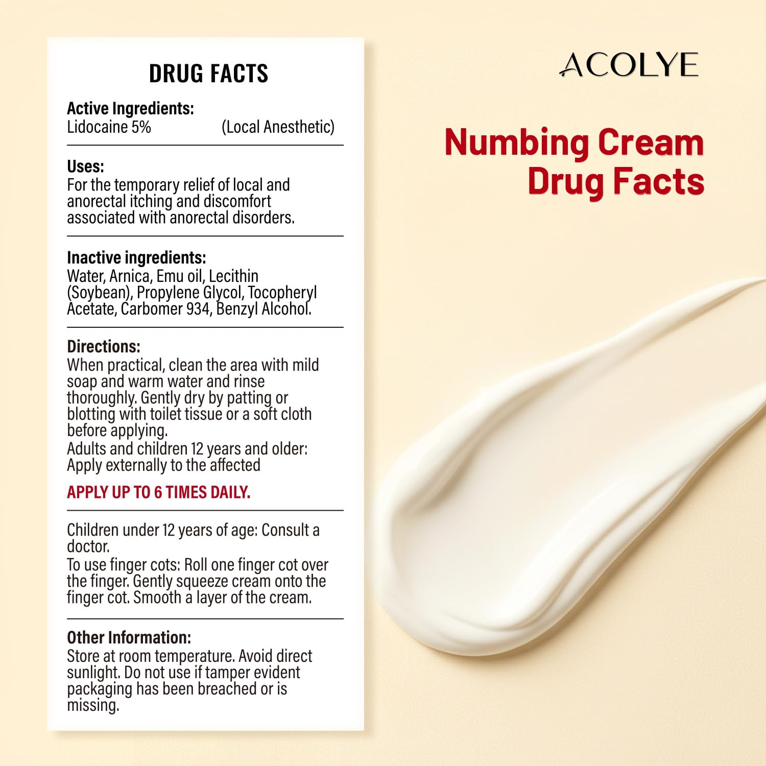 Acolye Numbing Cream Maximum Strength : 5% Lidocaine Topical Anesthetic - Extra Strength 5X Numbing with Menthol Arnica and Emu Oi (2 Fl Oz, Mint Flavor) - TrustMedUSA