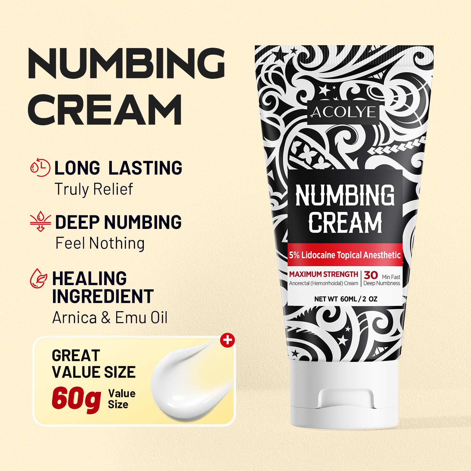 Acolye Numbing Cream Maximum Strength : 5% Lidocaine Topical Anesthetic - Extra Strength 5X Numbing with Menthol Arnica and Emu Oi (2 Fl Oz, Mint Flavor) - TrustMedUSA