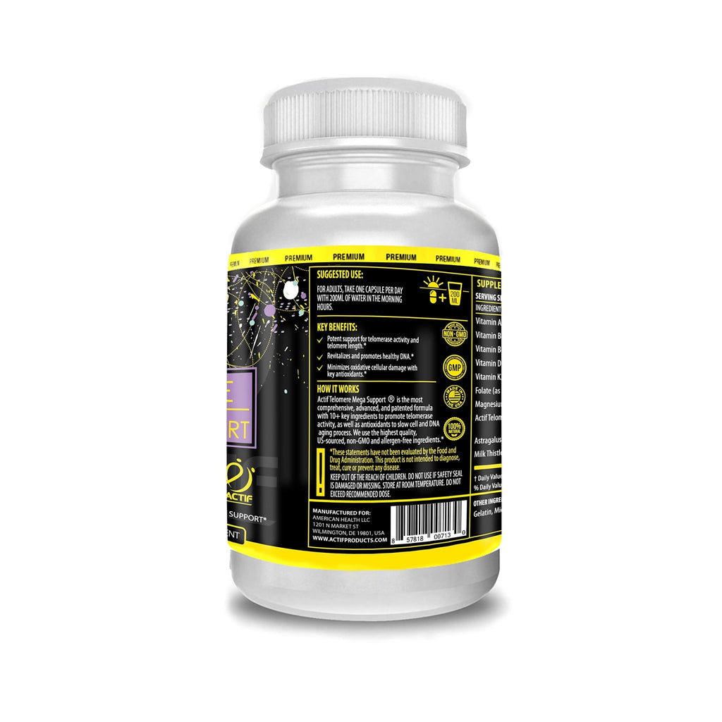 ACTIF Telomere Mega Support with 10+ Factors, Non-GMO, Telomerase and DNA Supplement for Energy, Memory and Anti-Aging, Made in USA, 60 Count - TrustMedUSA