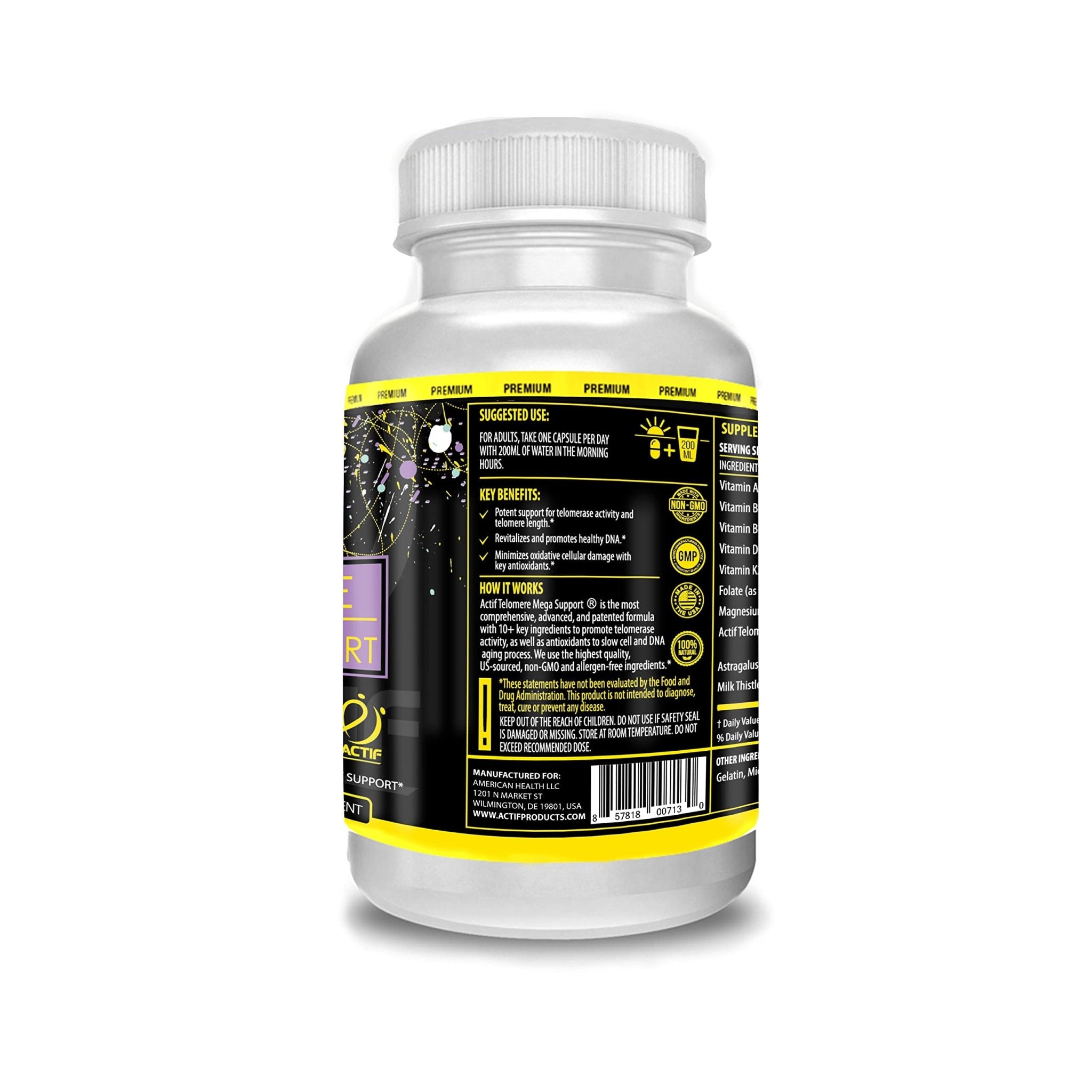 ACTIF Telomere Mega Support with 10+ Factors, Non-GMO, Telomerase and DNA Supplement for Energy, Memory and Anti-Aging, Made in USA, 60 Count - TrustMedUSA