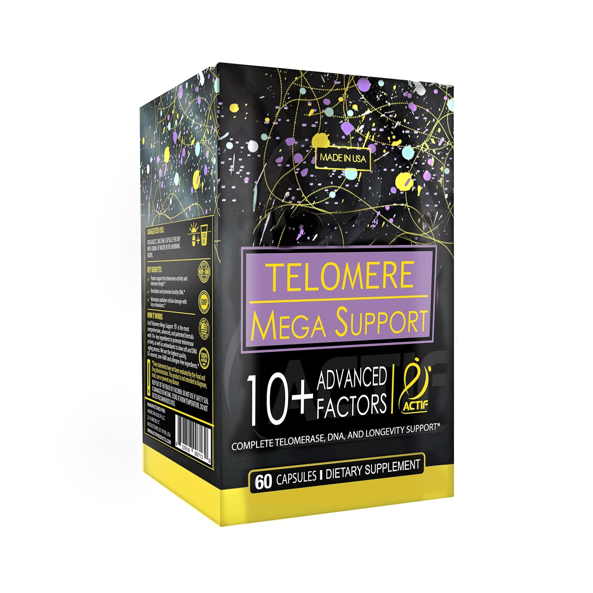 ACTIF Telomere Mega Support with 10+ Factors, Non-GMO, Telomerase and DNA Supplement for Energy, Memory and Anti-Aging, Made in USA, 60 Count - TrustMedUSA
