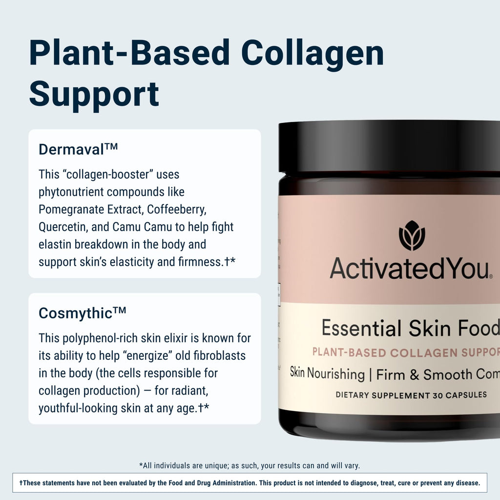 ACTIVATEDYOU Essential Skin Food, Advanced Skincare Collagen Elastin Support Supplement for Aging Skin, Helps Improve Appearance of Face Texture, Sagging w/Dermaval, Vitamin C (30 Count (Pack of 3)) - TrustMedUSA