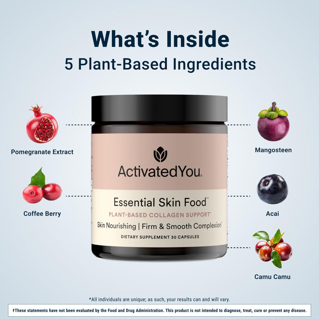 ACTIVATEDYOU Essential Skin Food, Advanced Skincare Collagen Elastin Support Supplement for Aging Skin, Helps Improve Appearance of Face Texture, Sagging w/Dermaval, Vitamin C (30 Count (Pack of 3)) - TrustMedUSA