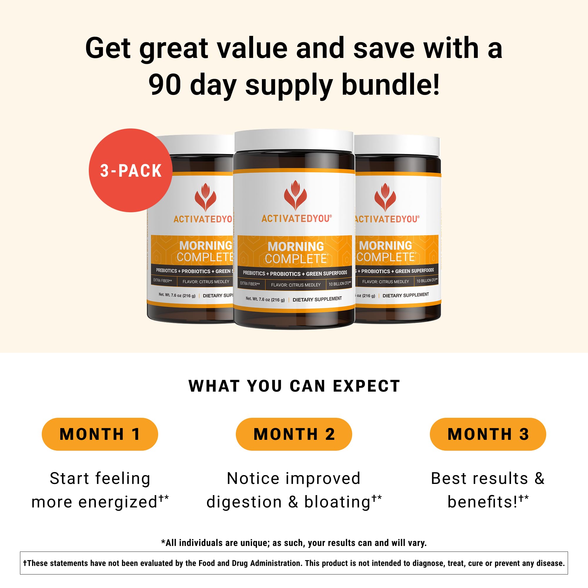 ACTIVATEDYOU Morning Complete Daily Wellness Greens Superfood Drink Mix for Gut Health w/Prebiotics, Probiotics, Antioxidants, Green Superfoods, 10 Billion CFUs (3 Pack, Citrus Medley) - TrustMedUSA