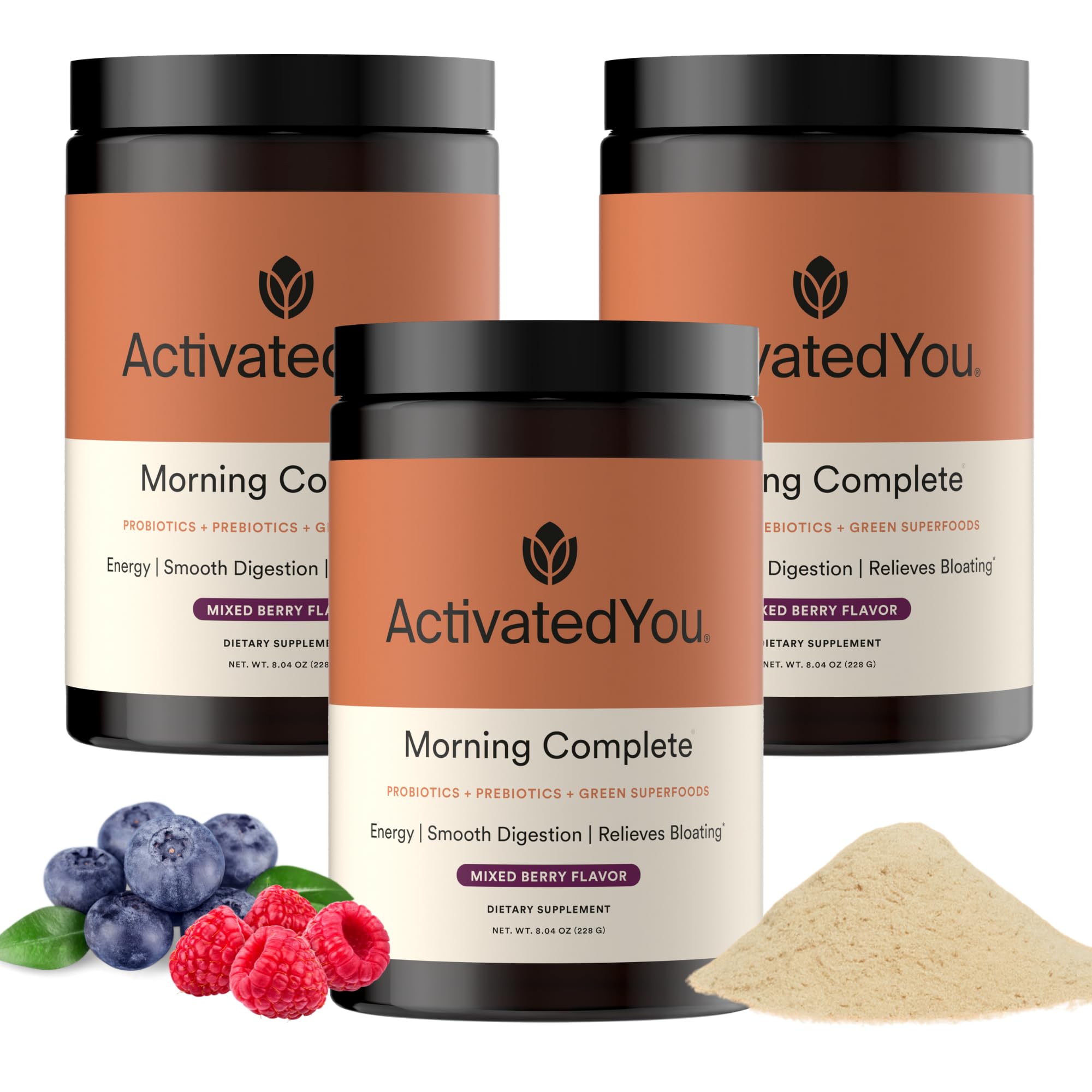 ACTIVATEDYOU Morning Complete Super Greens Powder Drink Mix - Gut Health Boost with Prebiotics, Probiotics, & Antioxidants - 10 Billion CFUs, Mixed Berry Flavor - Greens Superfood Powder - 3 Pack - TrustMedUSA