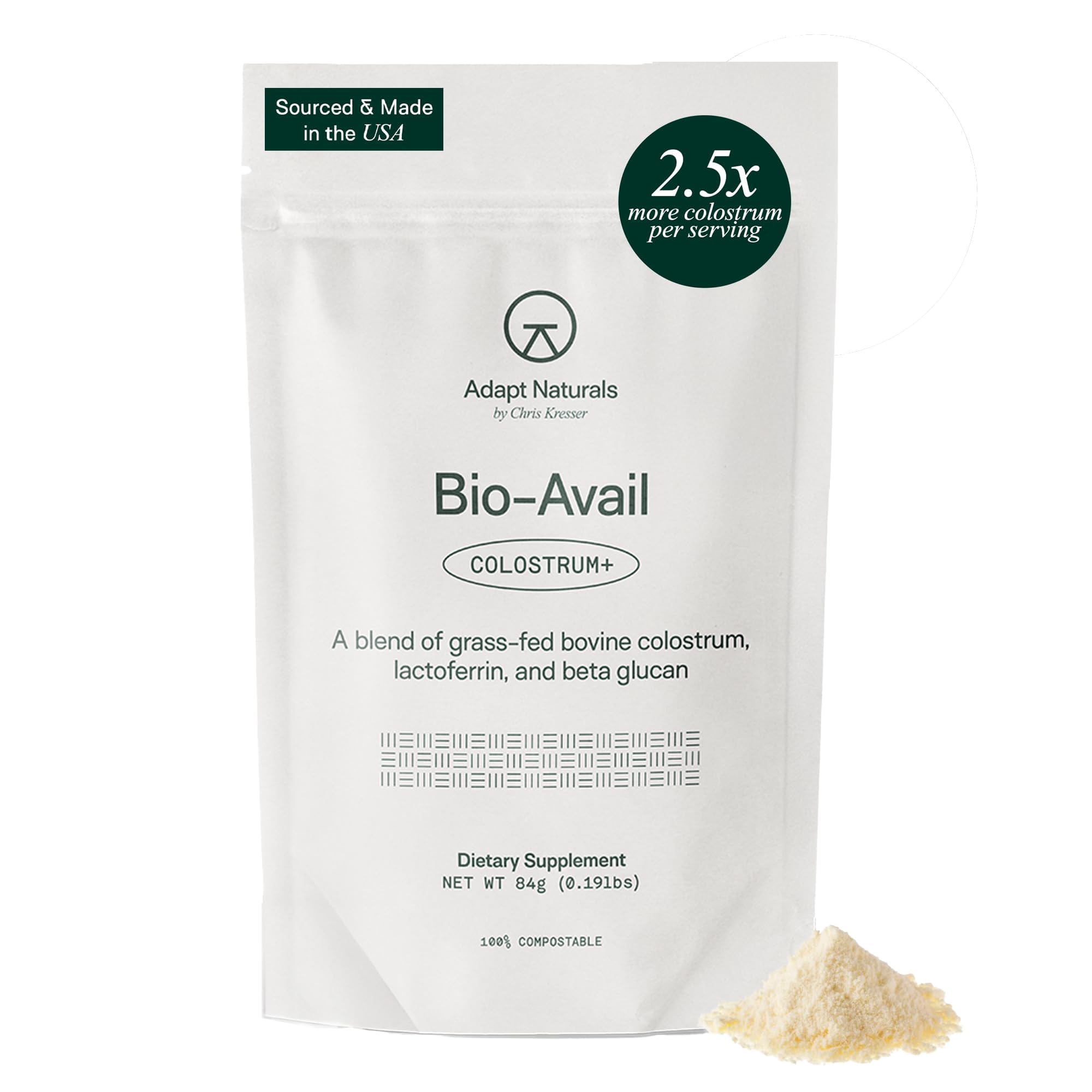 Adapt Naturals Colostrum Supplement with Lactoferrin & Beta-Glucan, Bio-Avail Grass Fed Bovine Colostrum Powder for Gut Health, Immune Support & Vitality | Non-GMO, 2500mg, Unflavored - 30 Days Supply - TrustMedUSA