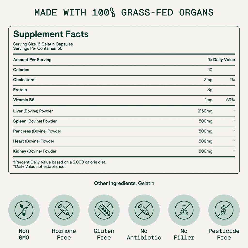 Adapt Naturals Organ Supplement, Bioavailable Grass Fed Beef Liver Capsules, Blend of Liver, Heart, Kidney, Pancreas & Spleen, Support Liver Cleanse Detox & Repair | Source of CoQ10-30 Days Supply - TrustMedUSA