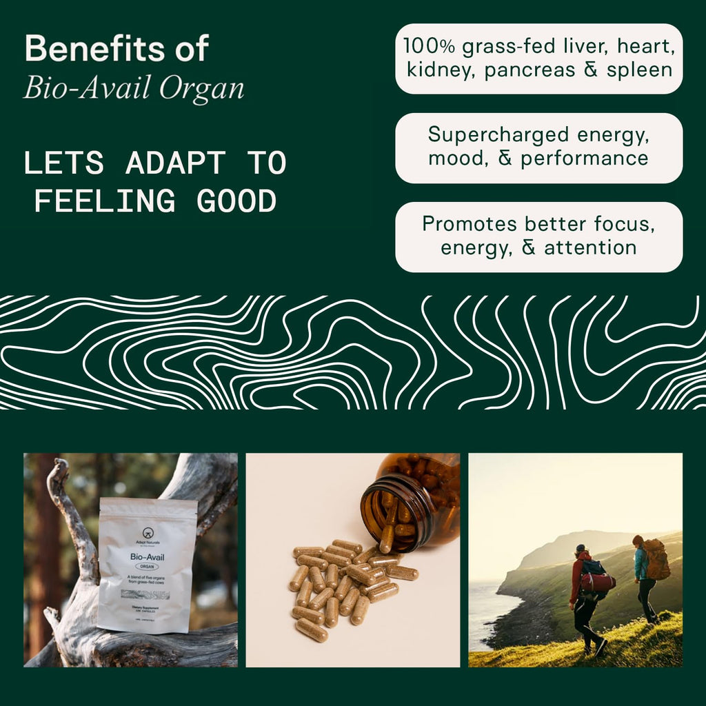 Adapt Naturals Organ Supplement, Bioavailable Grass Fed Beef Liver Capsules, Blend of Liver, Heart, Kidney, Pancreas & Spleen, Support Liver Cleanse Detox & Repair | Source of CoQ10-30 Days Supply - TrustMedUSA