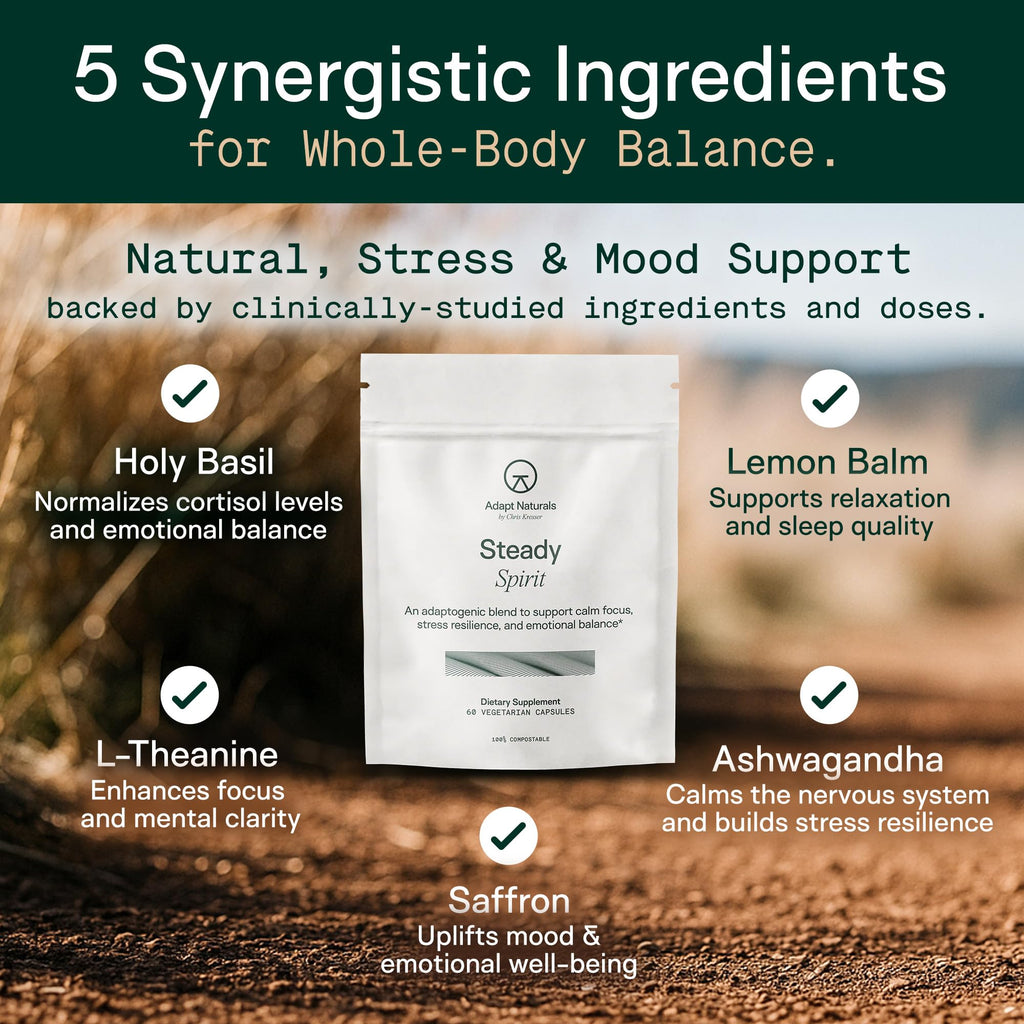 Adapt Naturals Steady Spirit Stress, Anxiety & Mood Support Supplement for Women and Men with Ashwagandha, L-Theanine, Holy Basil, Saffron, and Lemon Balm - Stress Relief Supplement - 30 Day Supply - TrustMedUSA