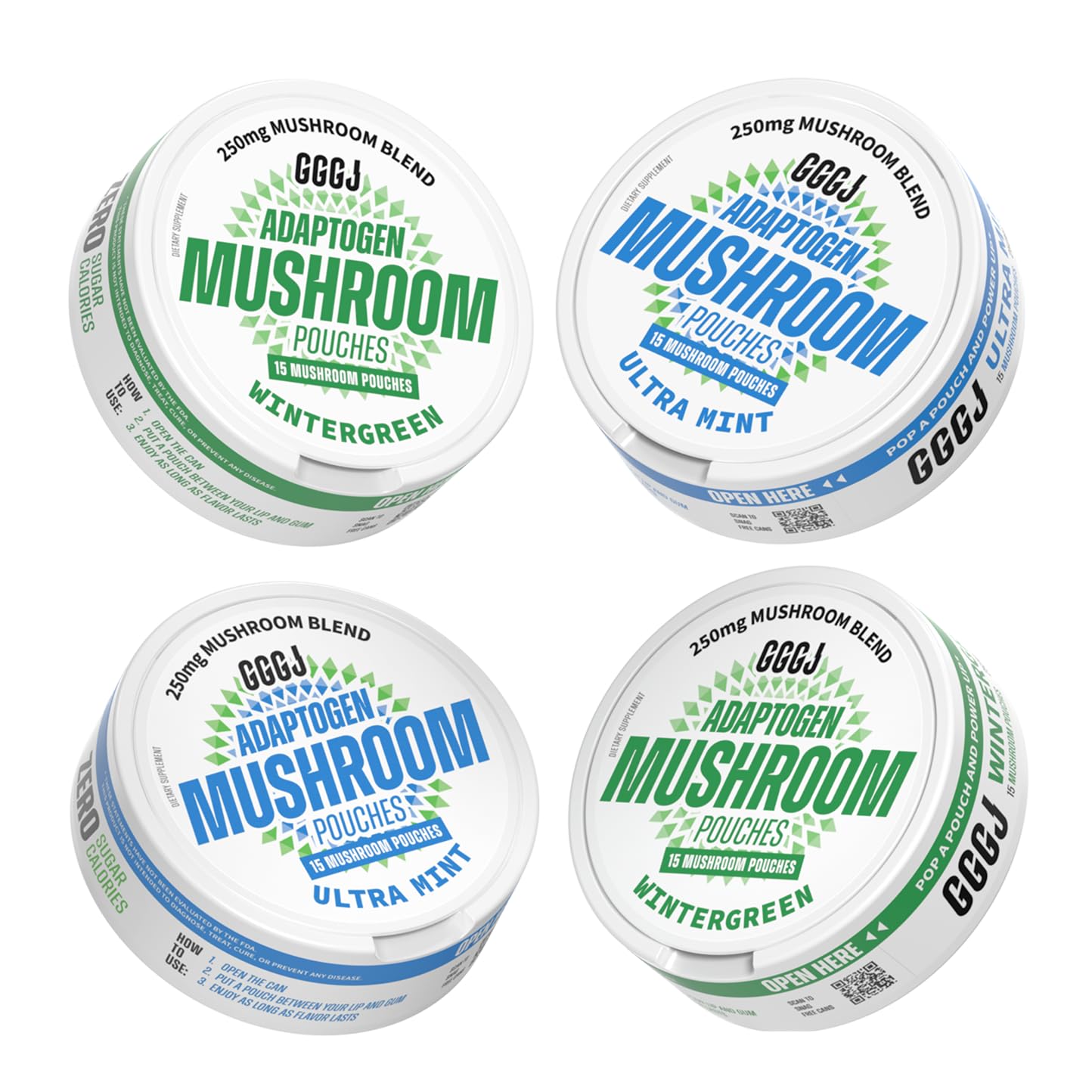 Adaptogen Mushroom Nootropic Pouches (4 Pack Bundle) - 250mg Mushroom Blend + 165mg Energy Blend, Nicotine Free & Caffeine Free, Ultra Pouch with Lion's Mane, Cordyceps, Reishi, Alpha-GPC, L-Theanine - TrustMedUSA