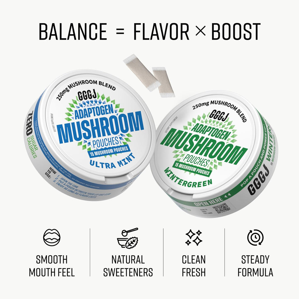 Adaptogen Mushroom Nootropic Pouches (4 Pack Bundle) - 250mg Mushroom Blend + 165mg Energy Blend, Nicotine Free & Caffeine Free, Ultra Pouch with Lion's Mane, Cordyceps, Reishi, Alpha-GPC, L-Theanine - TrustMedUSA