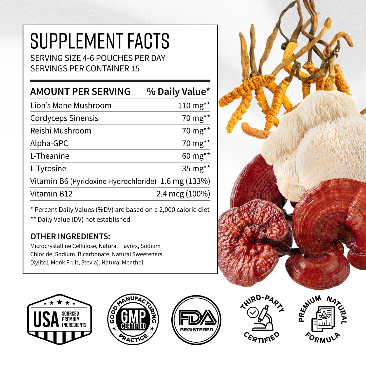 Adaptogen Mushroom Nootropic Pouches (4 Pack Bundle) - 250mg Mushroom Blend + 165mg Energy Blend, Nicotine Free & Caffeine Free, Ultra Pouch with Lion's Mane, Cordyceps, Reishi, Alpha-GPC, L-Theanine - TrustMedUSA