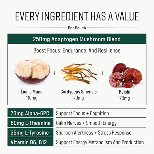 Adaptogen Mushroom Nootropic Pouches (4 Pack Bundle) - 250mg Mushroom Blend + 165mg Energy Blend, Nicotine Free & Caffeine Free, Ultra Pouch with Lion's Mane, Cordyceps, Reishi, Alpha-GPC, L-Theanine - TrustMedUSA