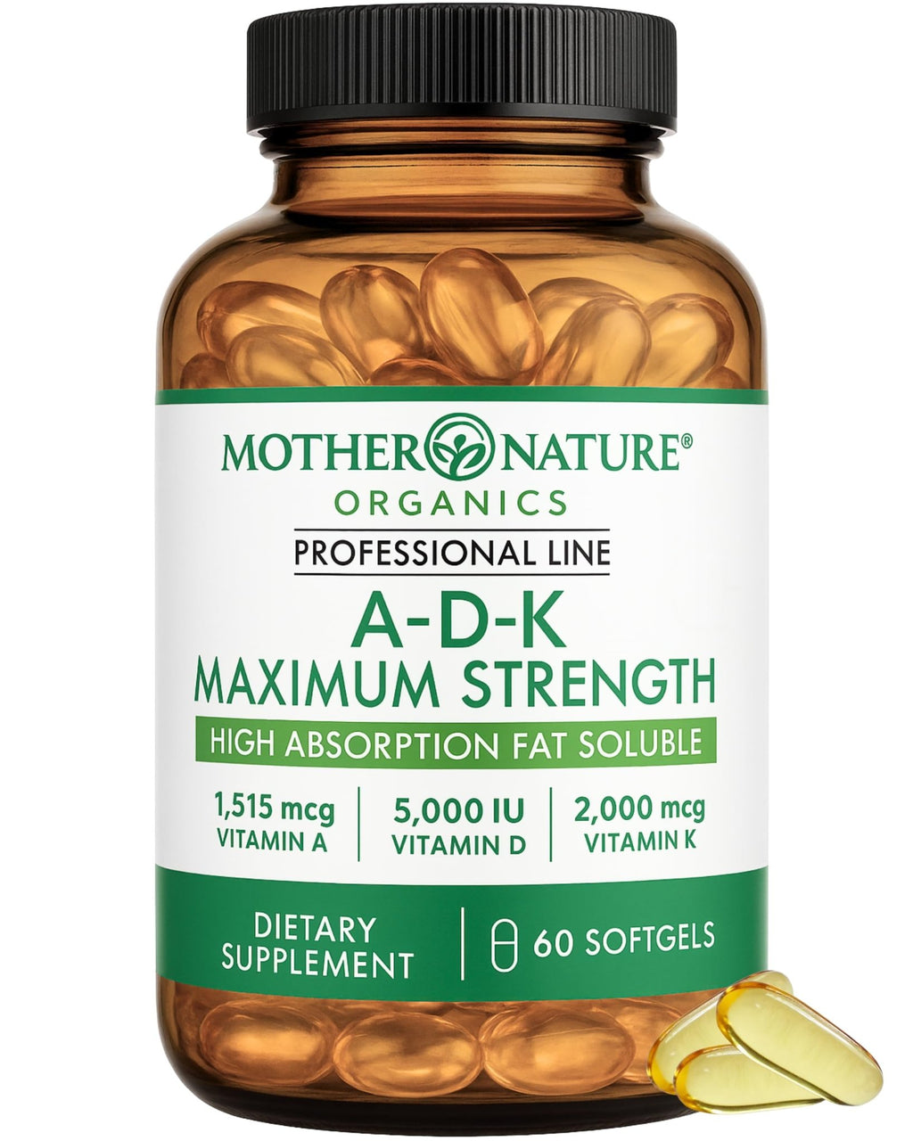 ADK Vitamin Supplement - 5000 IU Vitamin D3 + A & K2 MK-7 - High Absorption for Bone, Heart & Immune Support - Non-GMO (60 Softgels) - TrustMedUSA