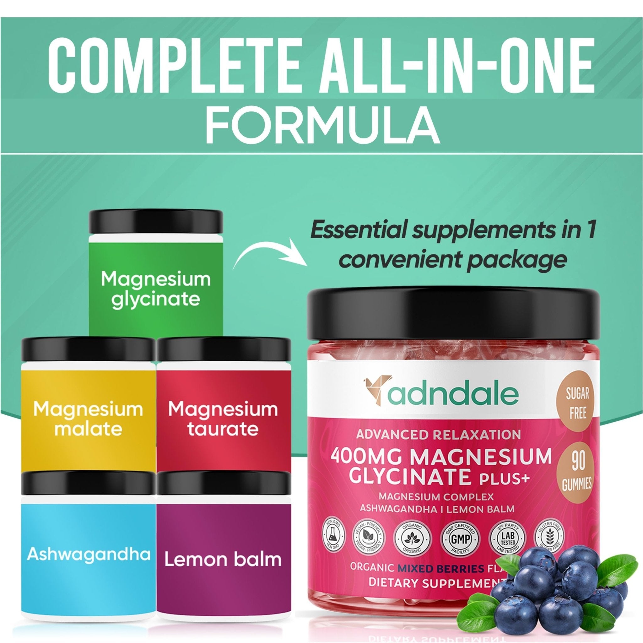 Adndale 90 CT Magnesium Glycinate 400 mg Gummies with Ashwagandha, Magnesium Malate & Taurate, Sugar Free Magnesium Gummies - TrustMedUSA
