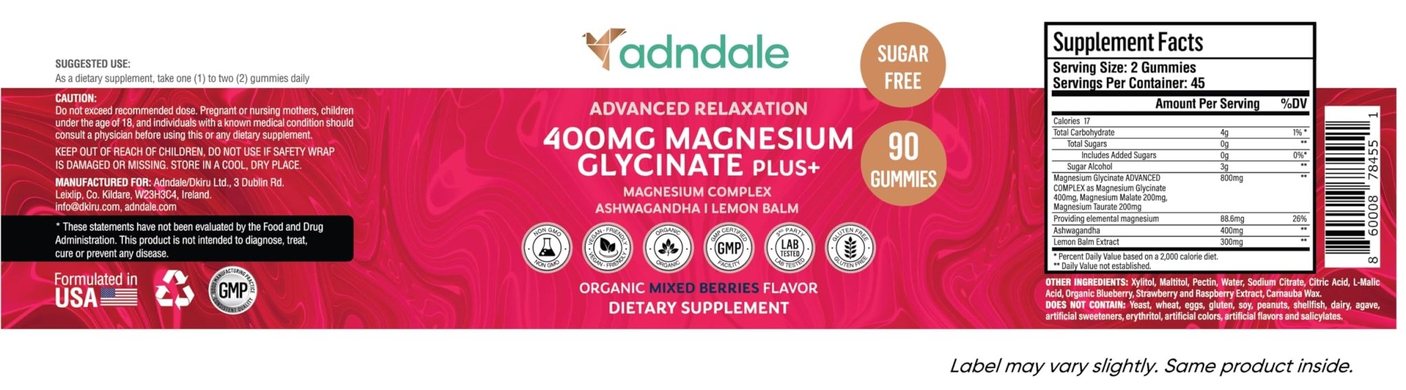 Adndale 90 CT Magnesium Glycinate 400 mg Gummies with Ashwagandha, Magnesium Malate & Taurate, Sugar Free Magnesium Gummies - TrustMedUSA