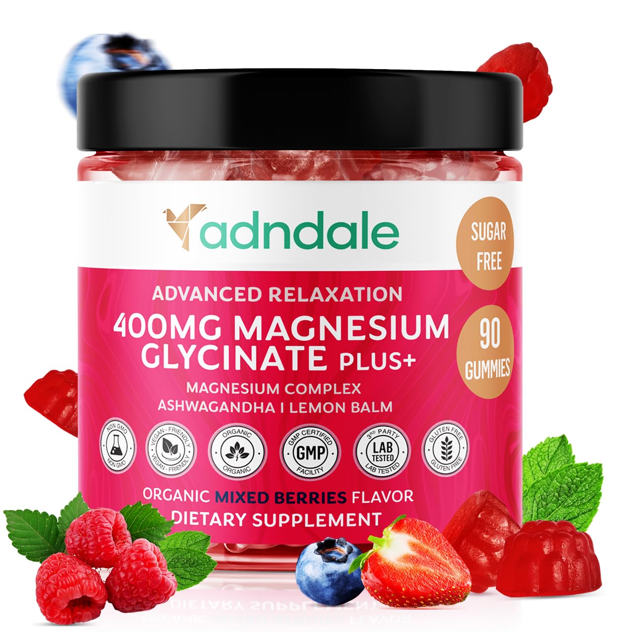 Adndale 90 CT Magnesium Glycinate 400 mg Gummies with Ashwagandha, Magnesium Malate & Taurate, Sugar Free Magnesium Gummies - TrustMedUSA