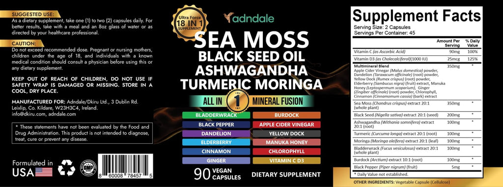 Adndale Sea Moss Capsules - Sea Moss Blend with Ashwagandha, Turmeric & Black Seed Oil - 180 Count - TrustMedUSA