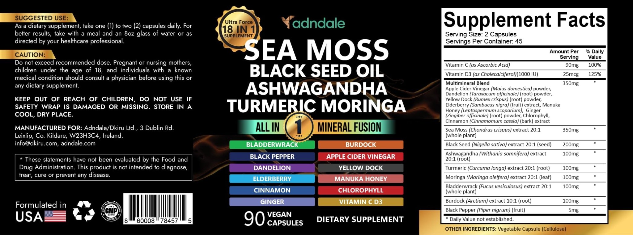 Adndale Sea Moss Capsules - Sea Moss Blend with Ashwagandha, Turmeric & Black Seed Oil - 180 Count - TrustMedUSA