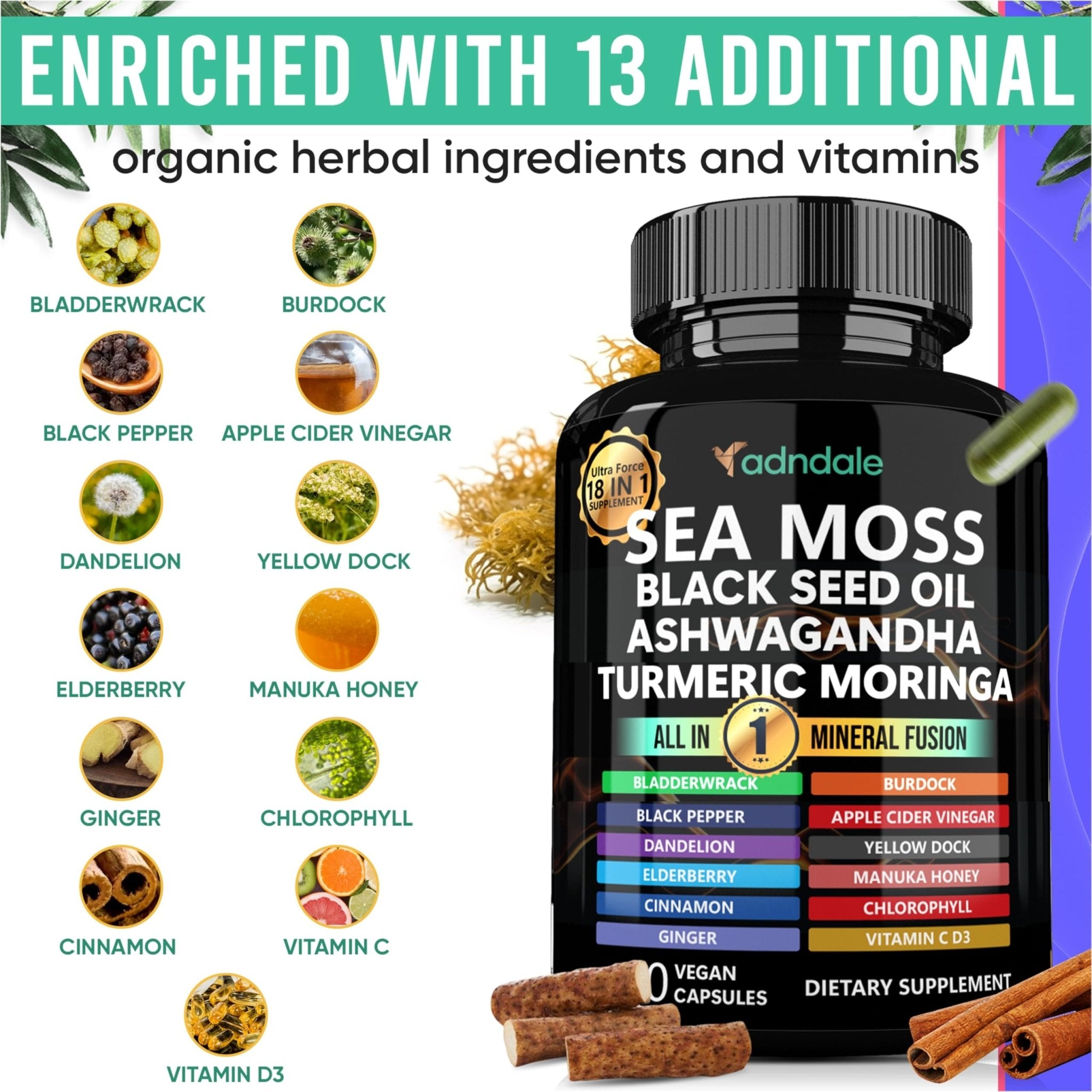 Adndale Sea Moss Capsules - Sea Moss Blend with Ashwagandha, Turmeric & Black Seed Oil - 180 Count - TrustMedUSA