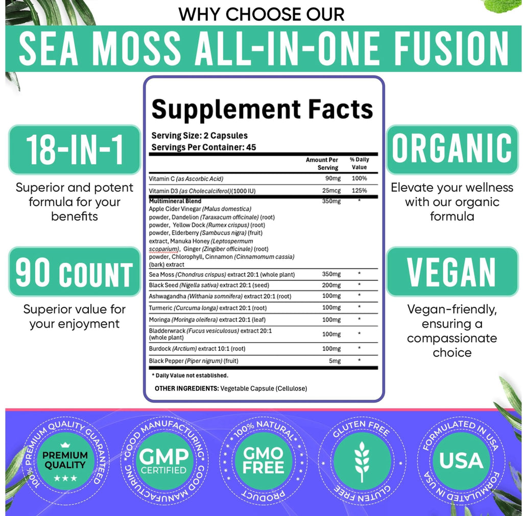 Adndale Sea Moss Capsules - Sea Moss Blend with Ashwagandha, Turmeric & Black Seed Oil - 180 Count - TrustMedUSA