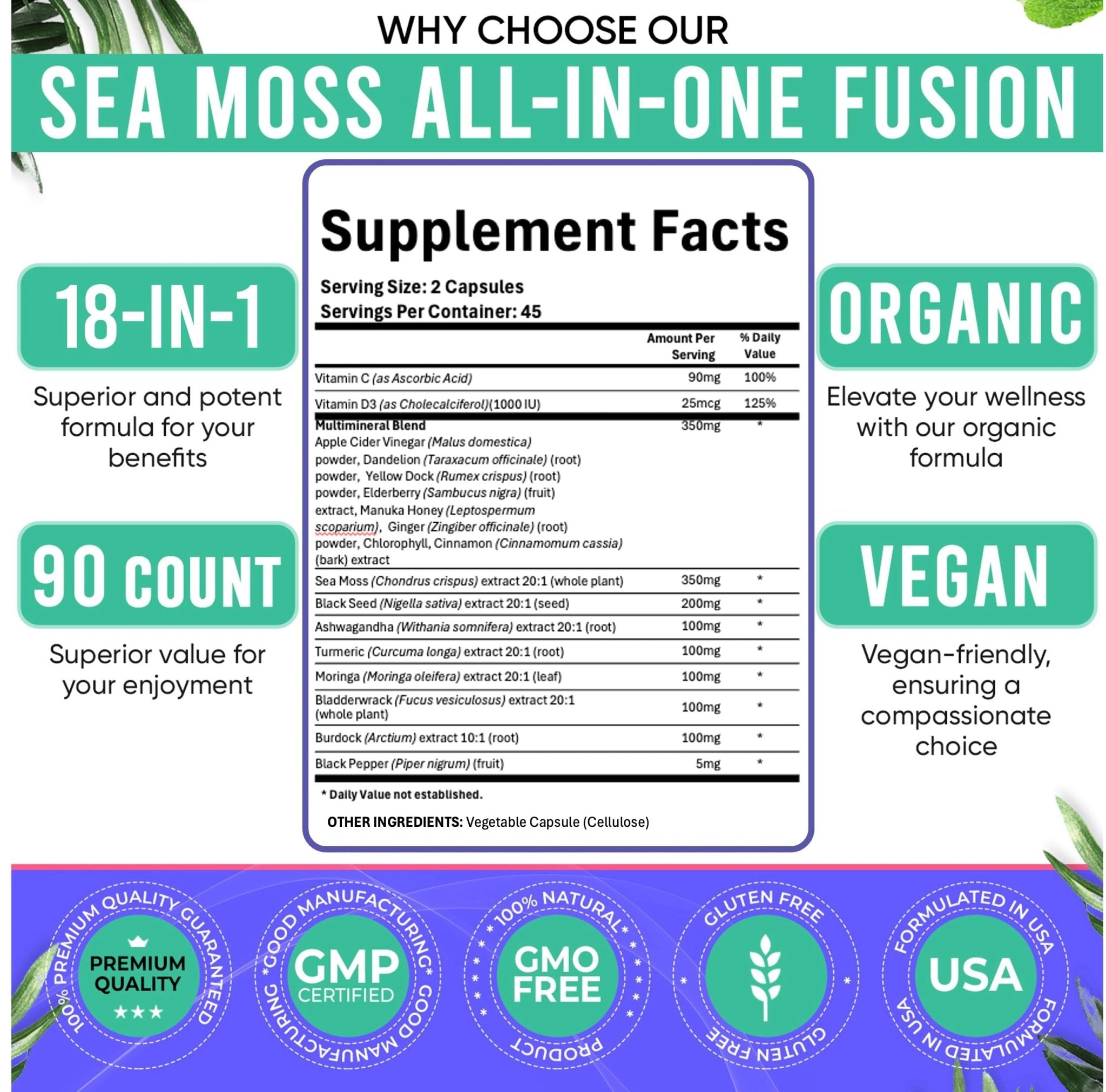 Adndale Sea Moss Capsules - Sea Moss Blend with Ashwagandha, Turmeric & Black Seed Oil - 180 Count - TrustMedUSA