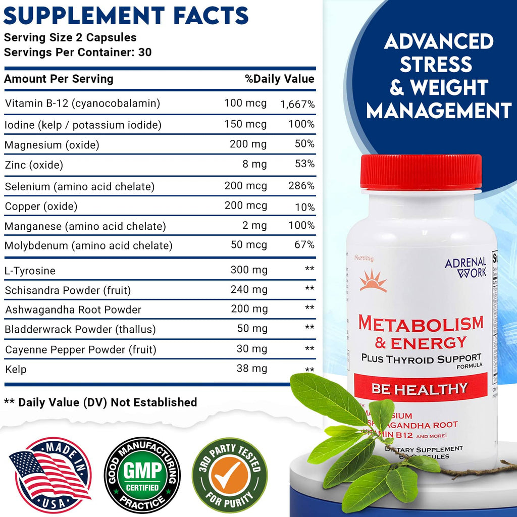 Adrenalwork Adrenal Support Supplement - Organic Ashwagandha Capsules for Stress Relief, Calm Energy & Focus - Adaptogen Blend with Rhodiola & Holy Basil - Men & Women - 60 Capsules - TrustMedUSA