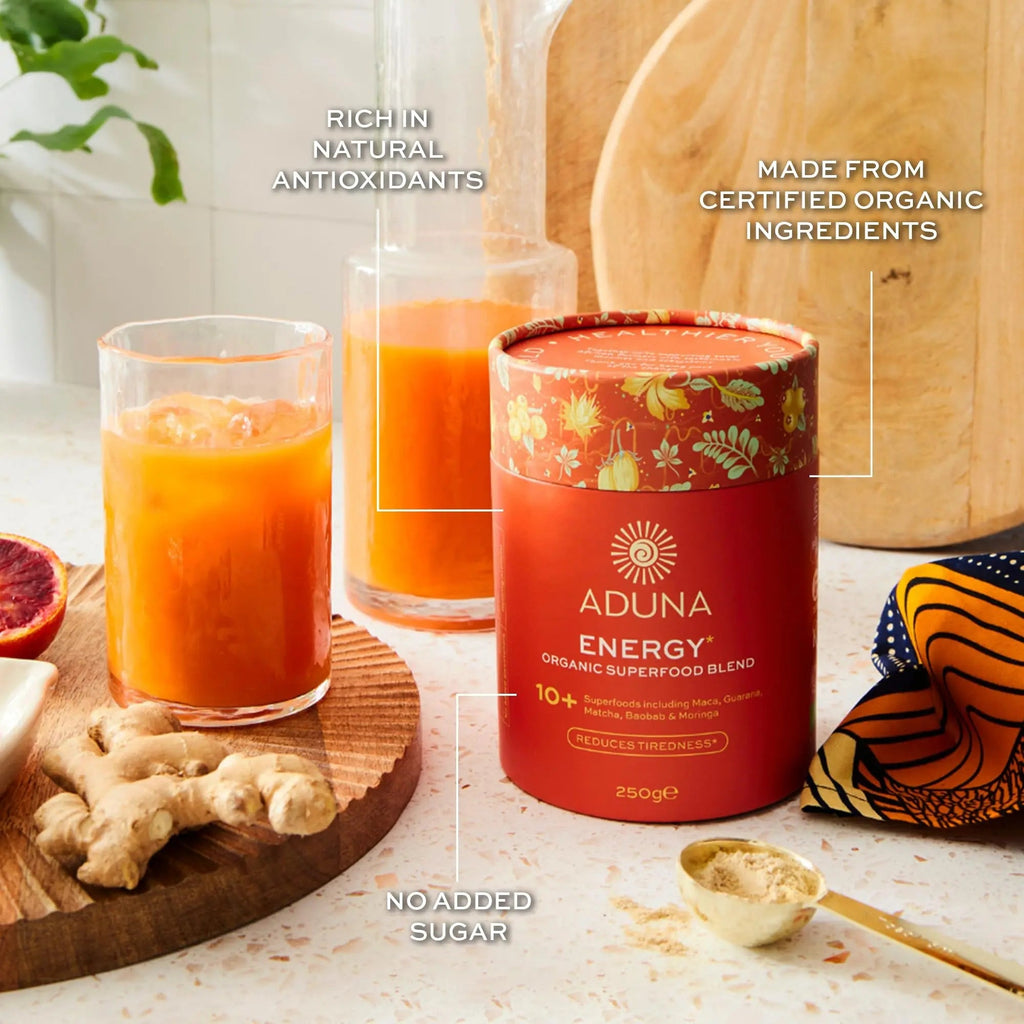 Aduna Organic Energy Superfood Blend | 100% Natural Stir-in Blend With 10+ Superfoods for Natural Energy, Focus & Reduced Tiredness | Vegan Powder for Yogurt, Juices, & Smoothies | 250g - TrustMedUSA