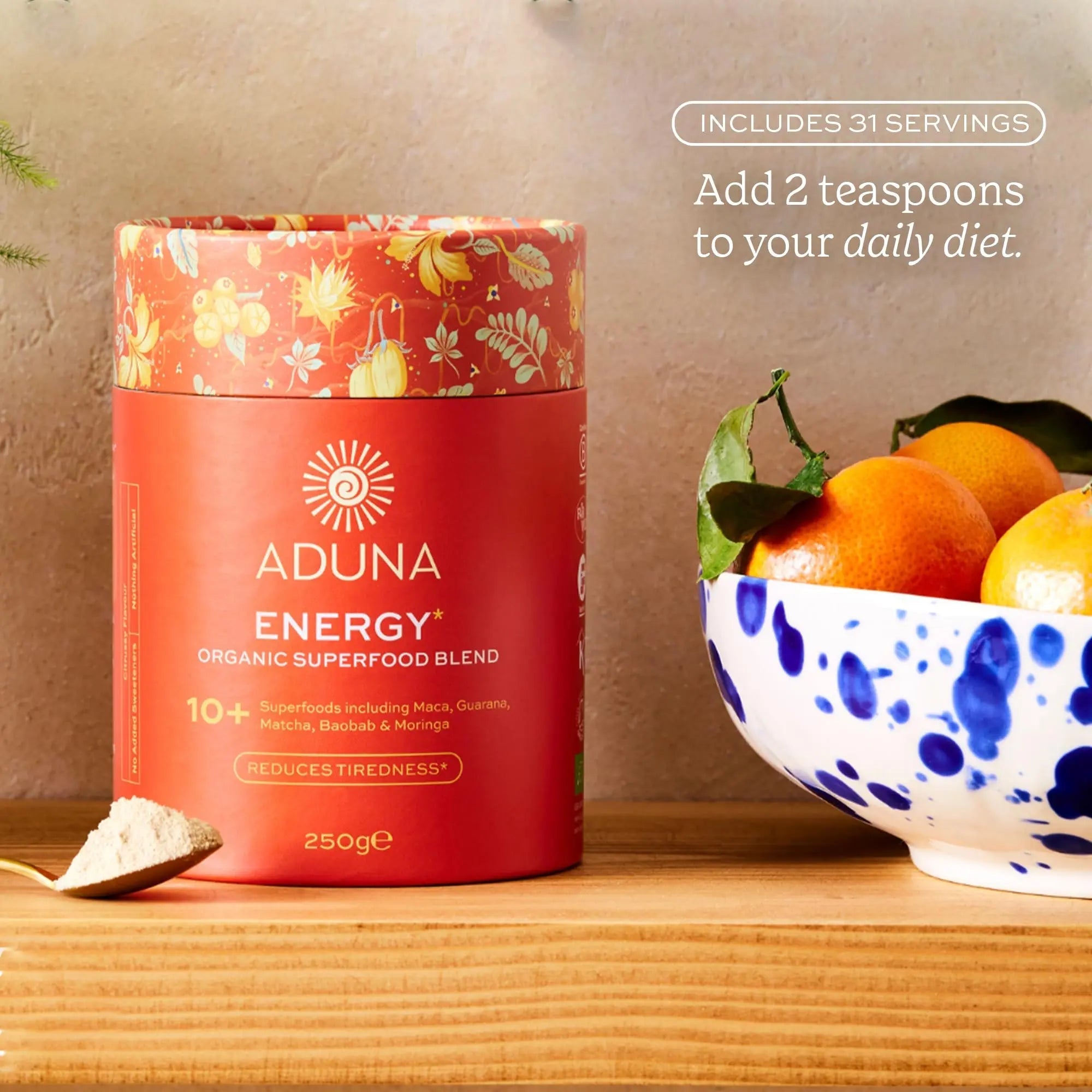 Aduna Organic Energy Superfood Blend | 100% Natural Stir-in Blend With 10+ Superfoods for Natural Energy, Focus & Reduced Tiredness | Vegan Powder for Yogurt, Juices, & Smoothies | 250g - TrustMedUSA
