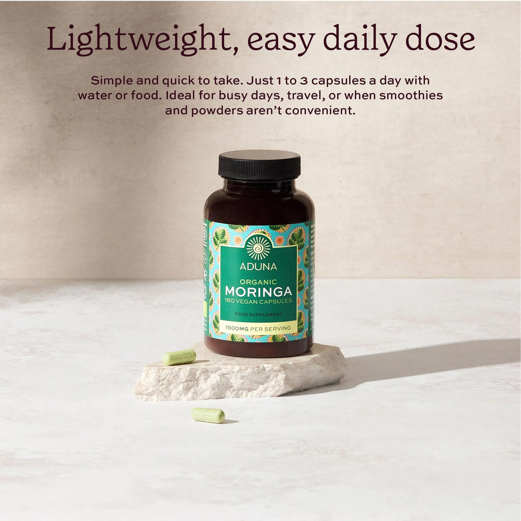 Aduna Organic Moringa Capsules 1500mg | 100% Pure Moringa Leaf for Energy, Immunity & Focus | Natural Plant-Based Food Supplement for Tiredness, Recovery & Breastfeeding | 180 Vegan Capsules - TrustMedUSA