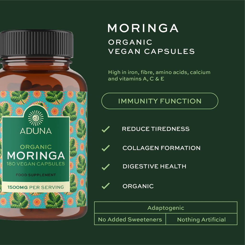 Aduna Organic Moringa Capsules 1500mg | 100% Pure Moringa Leaf for Energy, Immunity & Focus | Natural Plant-Based Food Supplement for Tiredness, Recovery & Breastfeeding | 180 Vegan Capsules - TrustMedUSA