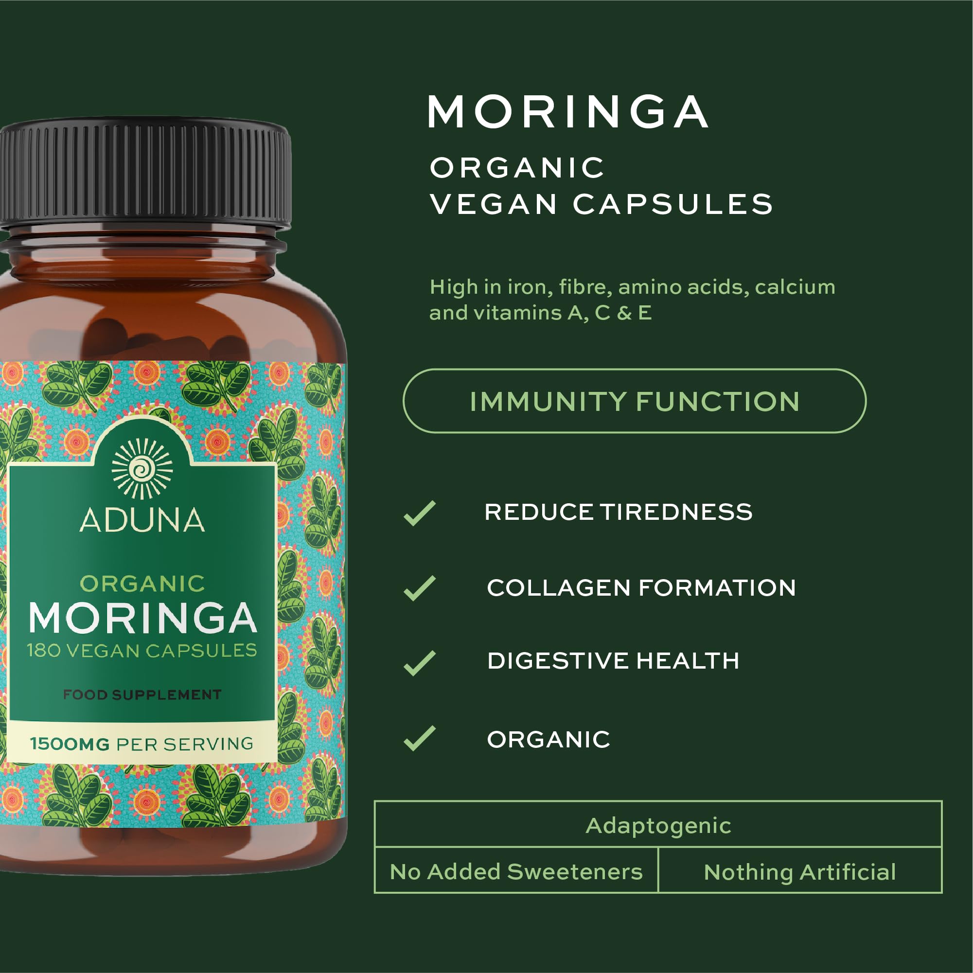Aduna Organic Moringa Capsules 1500mg | 100% Pure Moringa Leaf for Energy, Immunity & Focus | Natural Plant-Based Food Supplement for Tiredness, Recovery & Breastfeeding | 180 Vegan Capsules - TrustMedUSA