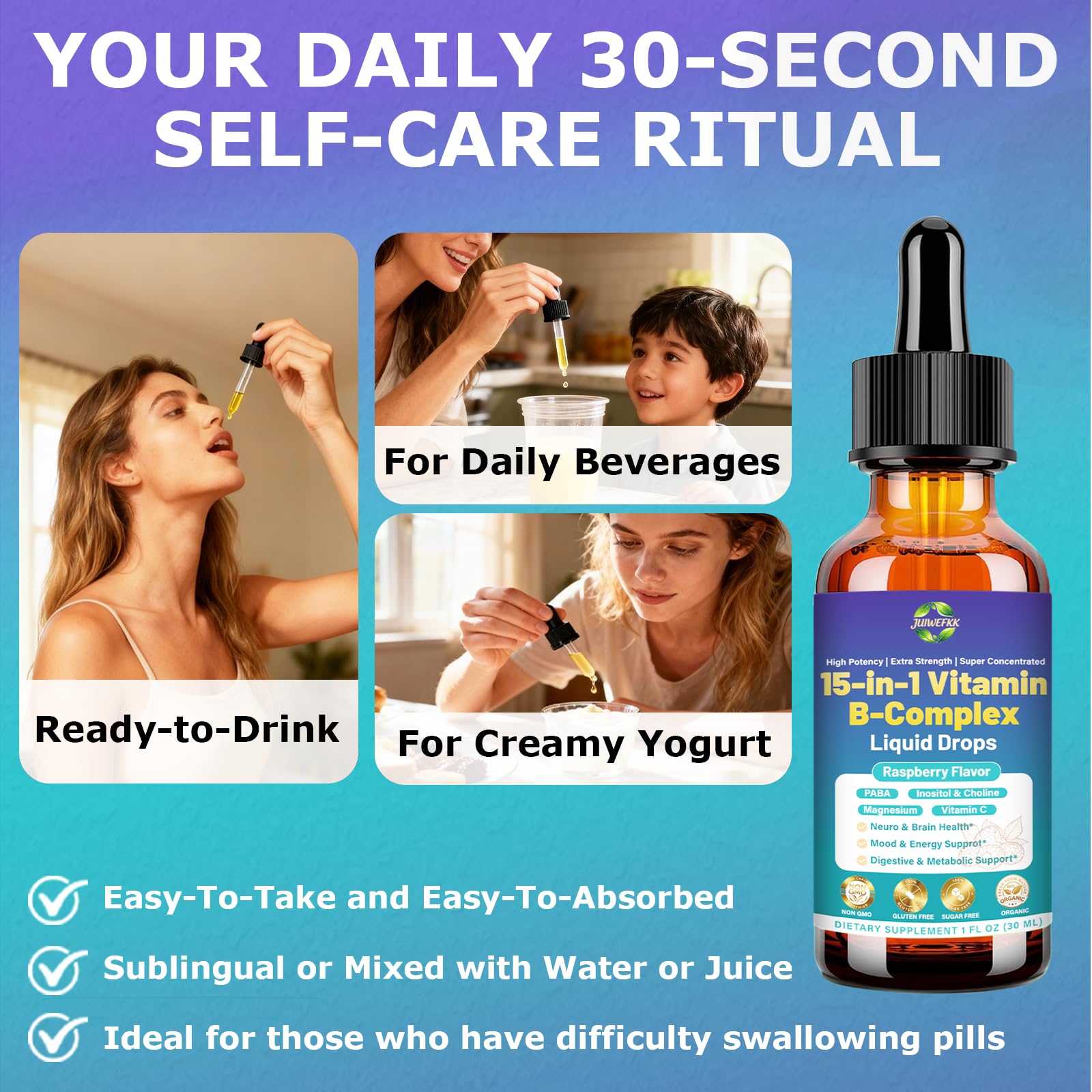 Advanced Vitamin B Complex Liquid Drops for Women Men & Kids, 15-in-1 VIT B Complex with Vitamin C B12 B6 B1 Niacin Folate for Brain Nerve Neuropathy Energy Mood Health, Sublingual B-Complex Drops - TrustMedUSA