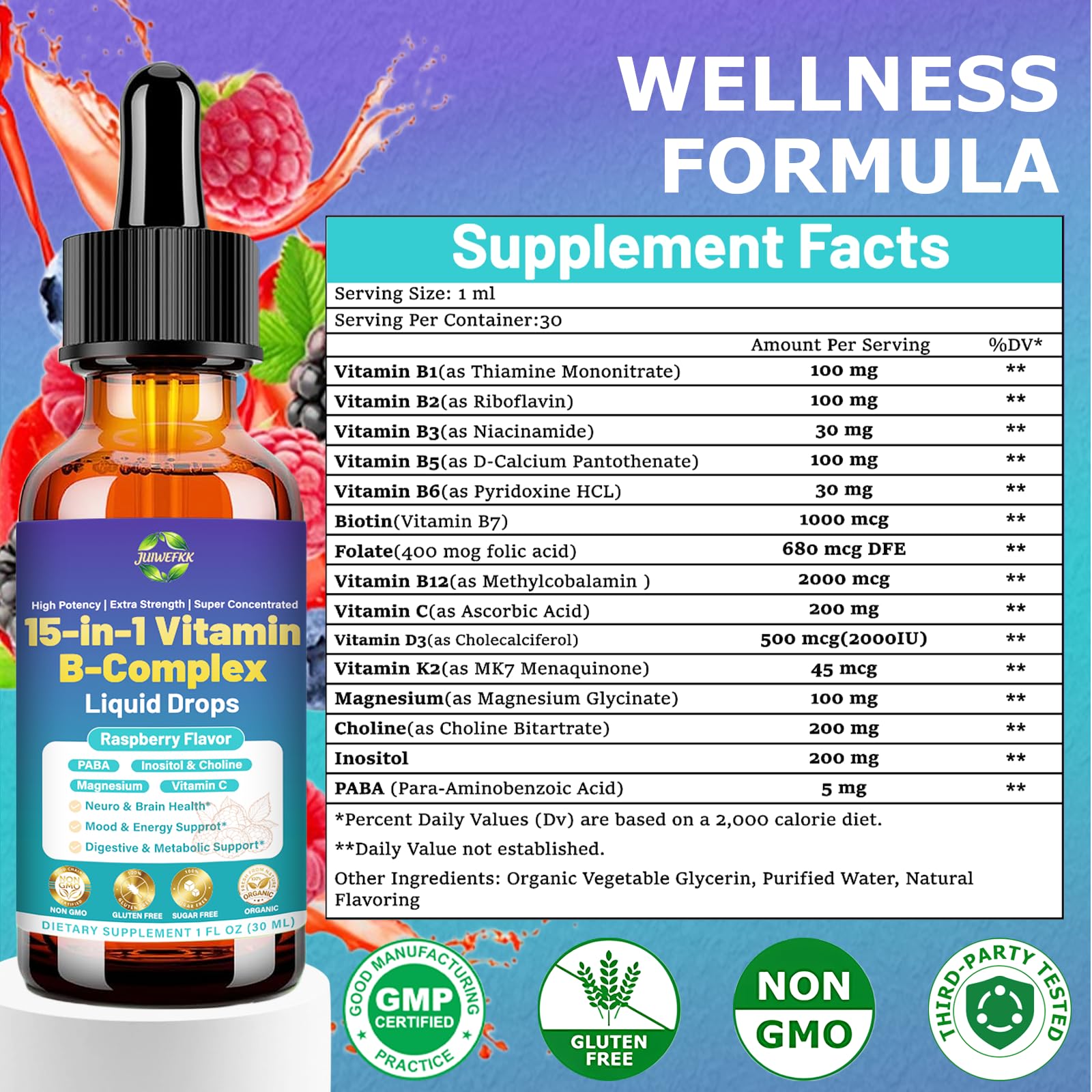 Advanced Vitamin B Complex Liquid Drops for Women Men & Kids, 15-in-1 VIT B Complex with Vitamin C B12 B6 B1 Niacin Folate for Brain Nerve Neuropathy Energy Mood Health, Sublingual B-Complex Drops - TrustMedUSA