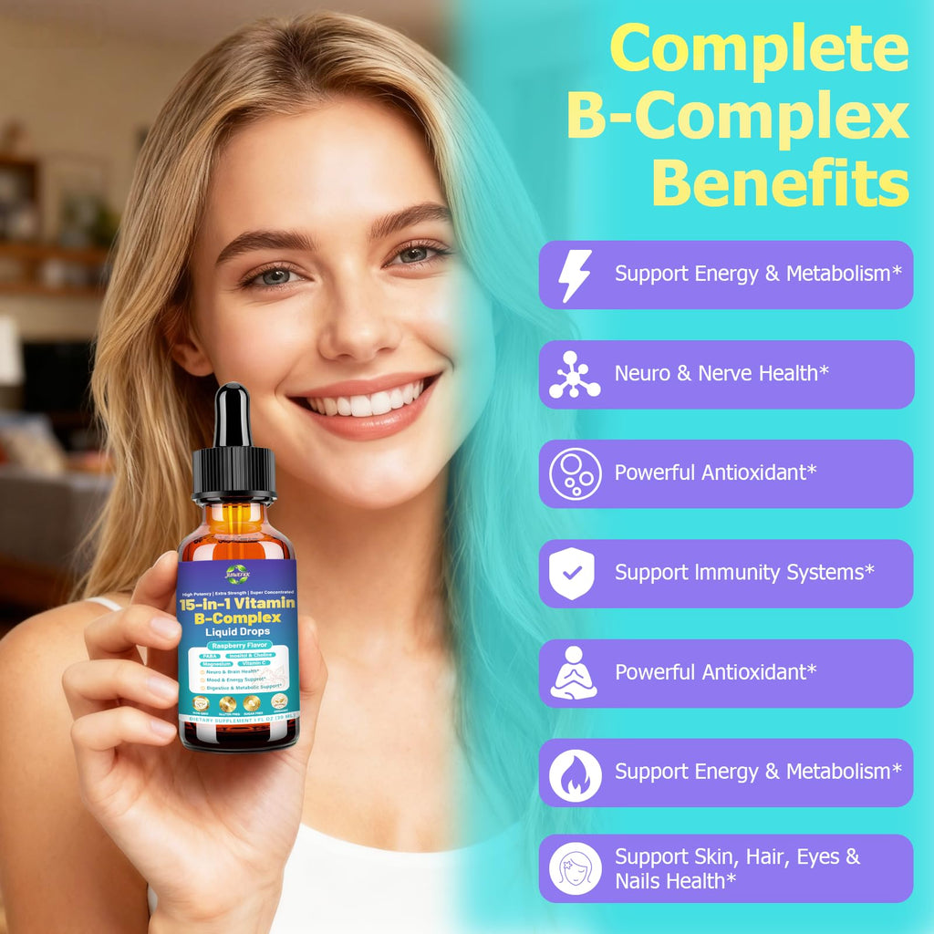 Advanced Vitamin B Complex Liquid Drops for Women Men & Kids, 15-in-1 VIT B Complex with Vitamin C B12 B6 B1 Niacin Folate for Brain Nerve Neuropathy Energy Mood Health, Sublingual B-Complex Drops - TrustMedUSA