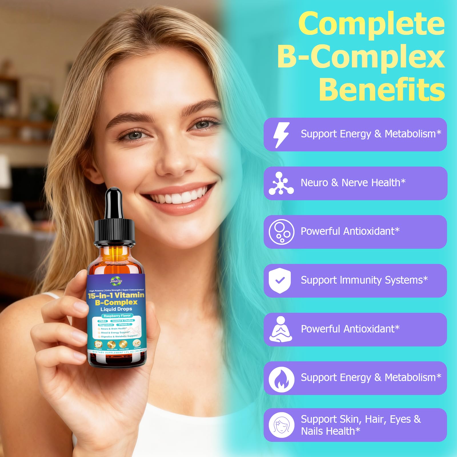 Advanced Vitamin B Complex Liquid Drops for Women Men & Kids, 15-in-1 VIT B Complex with Vitamin C B12 B6 B1 Niacin Folate for Brain Nerve Neuropathy Energy Mood Health, Sublingual B-Complex Drops - TrustMedUSA