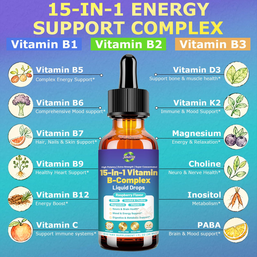 Advanced Vitamin B Complex Liquid Drops for Women Men & Kids, 15-in-1 VIT B Complex with Vitamin C B12 B6 B1 Niacin Folate for Brain Nerve Neuropathy Energy Mood Health, Sublingual B-Complex Drops - TrustMedUSA
