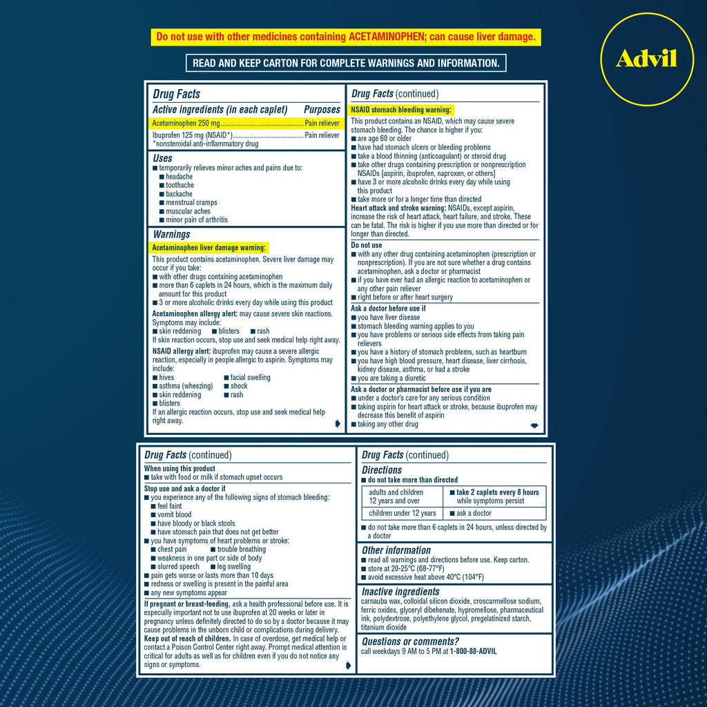 Advil Dual Action Coated Caplets, 125 Mg Ibuprofen and 250 Mg Acetaminophen per Dose (2 Dose Equivalent) for 8 Hour Pain Relief - 216 Count - Maple Wellness Supplements